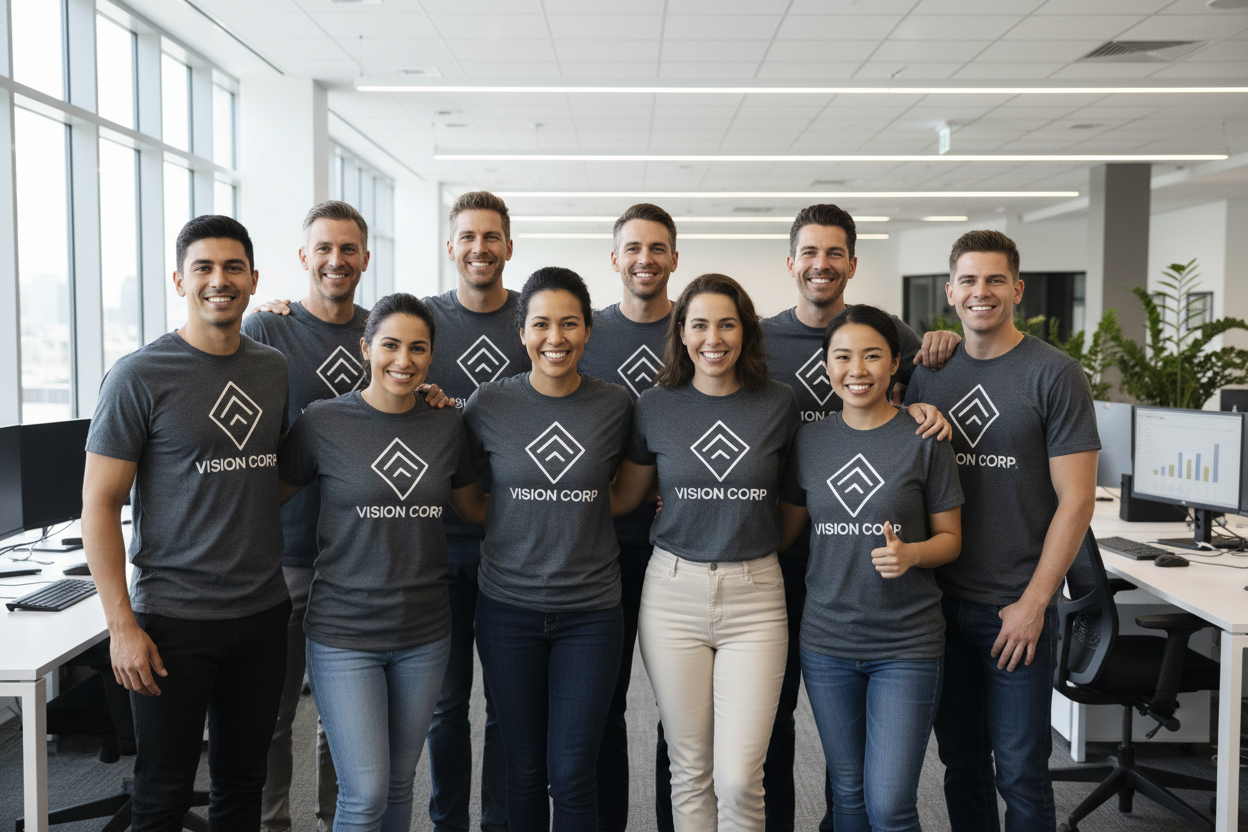 A corporate team of 9 people wearing the same tshirt and posing as a group. Background is a corporate office