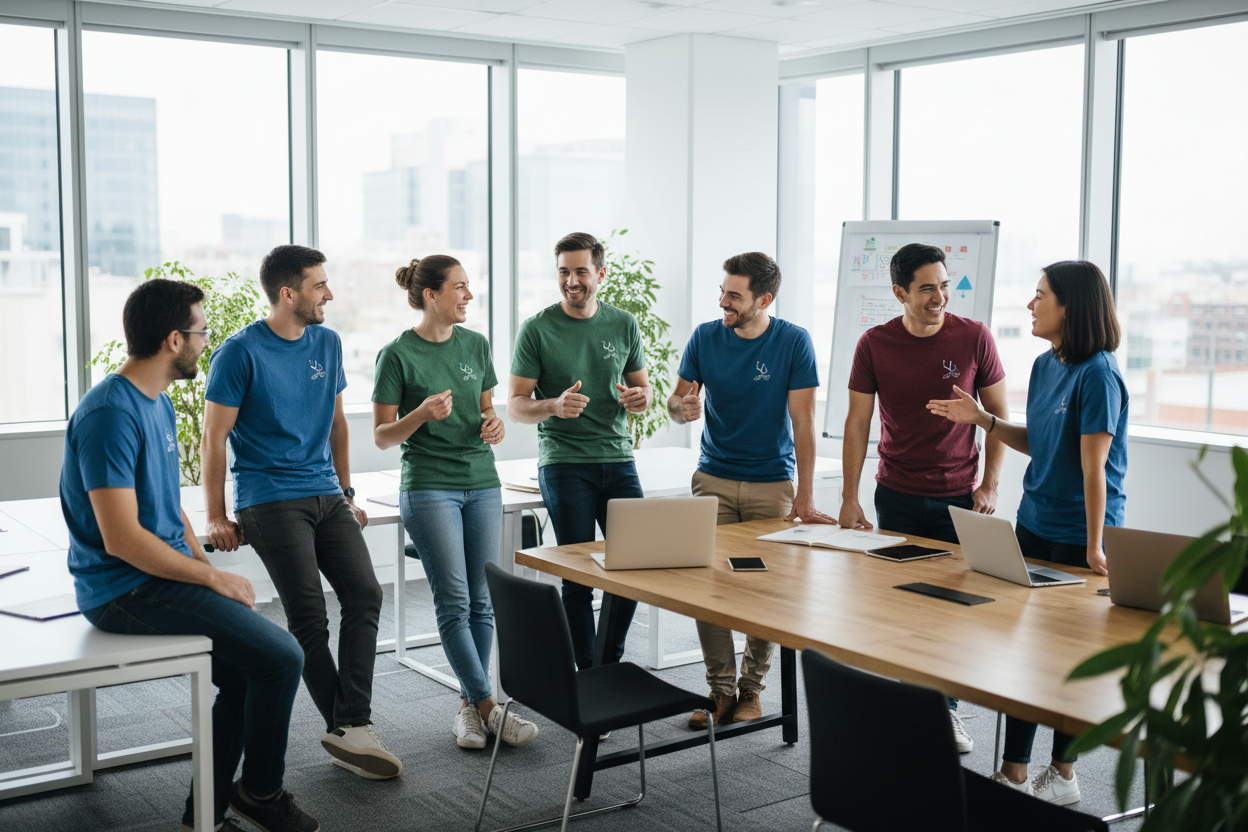 An office team of 8 people wearing tshirts