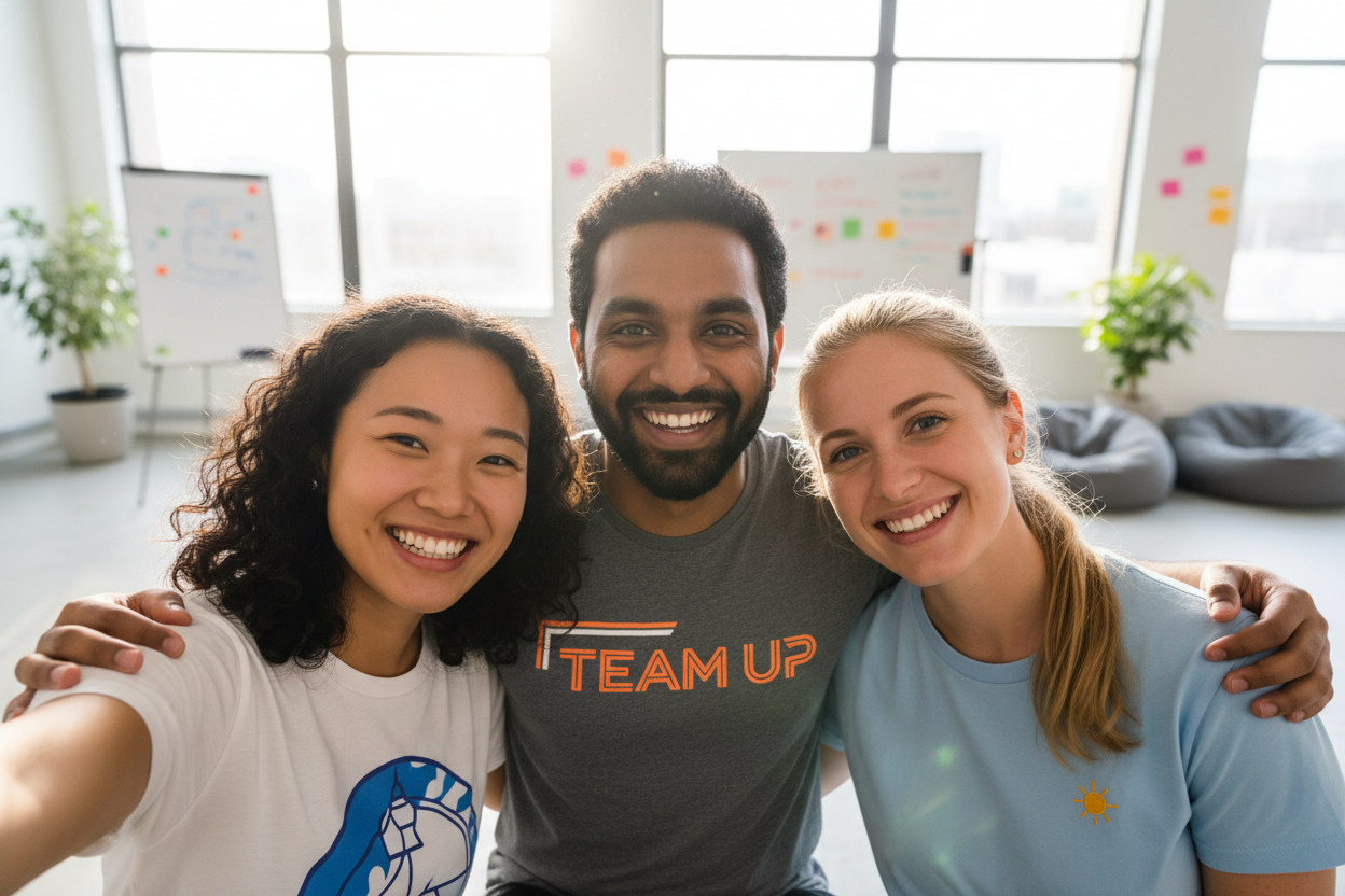 Selfie Image of a 3 member team all wearing tshirts